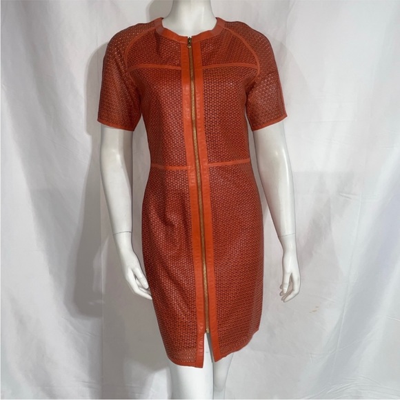 RARE $1150 Veronica Beard laser cut Leather Dress Full Zipper Short Sleeve Sz 4 - Picture 1 of 7